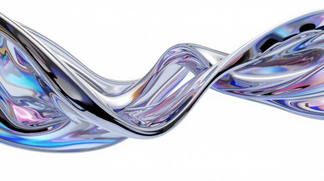 Abstract fluid chrome ribbon with iridescent colors with metallic silver wave rainbow reflections