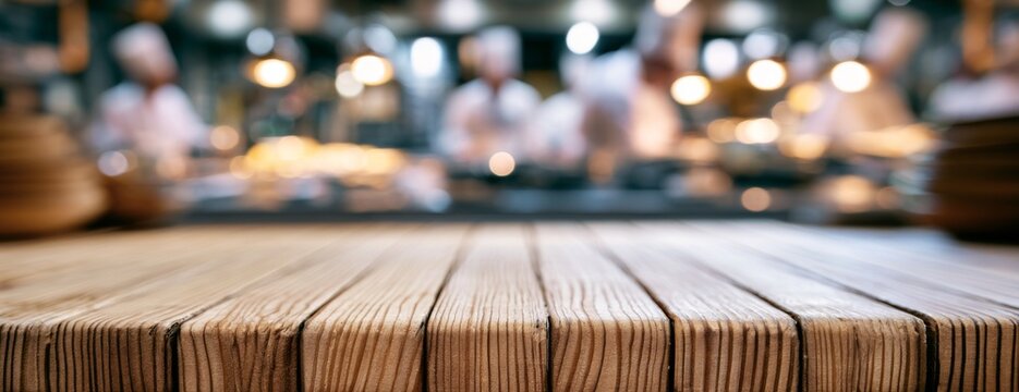 Wooden kitchen empty table with blurred chefs preparing food in background  