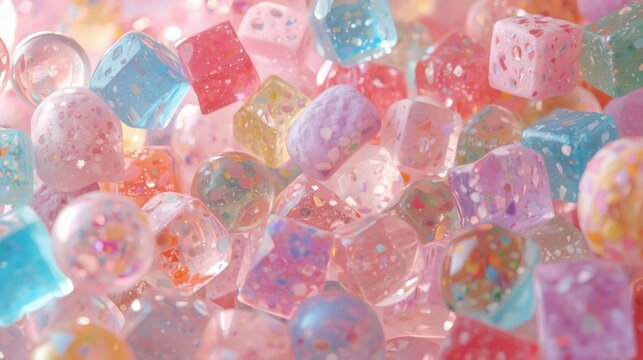 Colorful translucent gelatinous cubes with sparkles on white background with embedded sparkles