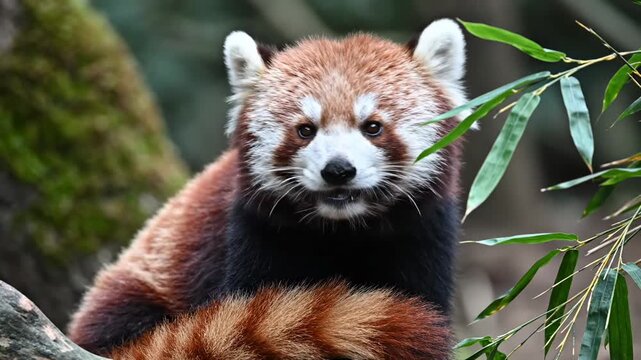 An adorable red panda stares directly into the camera lens while resting comfortably upon a thick mossy tree branch surrounded by lush green bamboo leaves inside its natural wild forest habitat