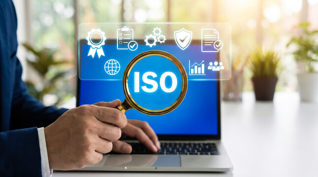 Professional Reviewing ISO Standards and Quality Management System Compliance Using a Magnifying Glass on a Laptop