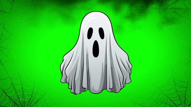 Spooky halloween scene with three cartoon ghosts floating amidst flying bats and cobwebs on a vibrant green gradient background perfect for holiday celebrations and themed events