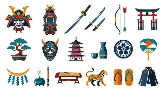Flat Vector Icons Set: Traditional Japanese Culture Symbols, Objects, and Landmarks for Travel Design