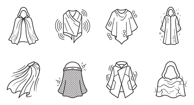Collection of cloak and cape icons ethereal fabric flowing garments magical apparel symbols.