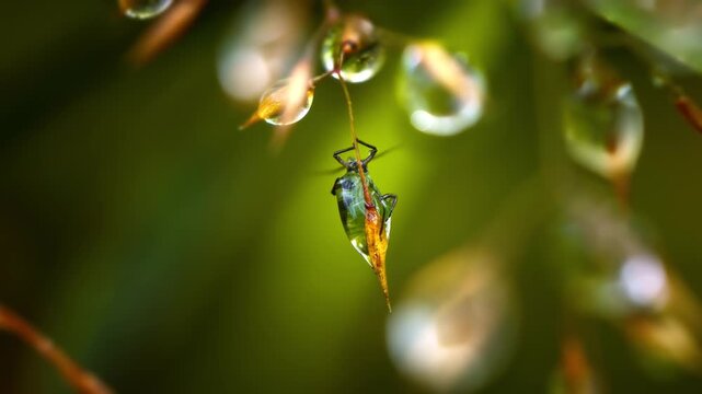 Small insect inside water droplet on plant stem