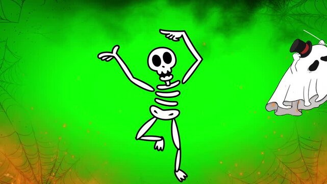 Spooky halloween animation featuring dancing skeletons and flying bats against a vibrant green background with fiery orange accents and eerie cobwebs capturing a festive and playful holiday spirit