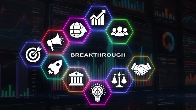 Business breakthrough motion graphics with glowing neon success icons.