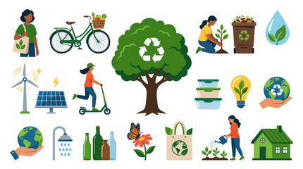 Naklejka premium Flat Style Eco-Friendly Icons: Nature, Recycling, Renewable Energy, Green Living