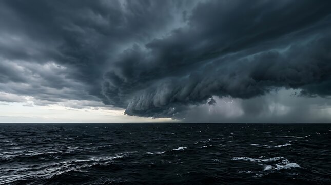 Dramatic storm clouds over a dark and moody ocean horizon