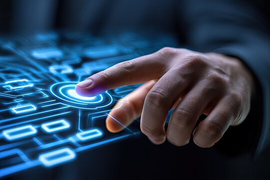 Hand touches glowing digital interface with circuit board patterns