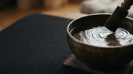 Fototapeta premium Tibetan singing bowl with water ripples and mallet for meditation