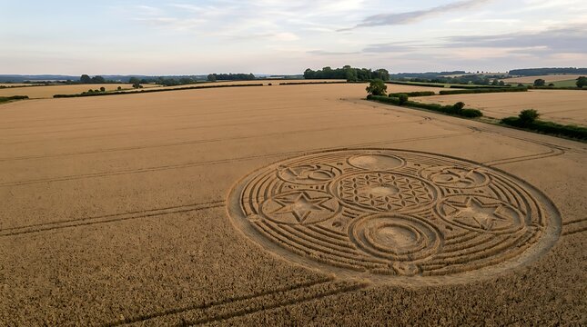 Aerial view of a complex geometric crop circle in a wheat field