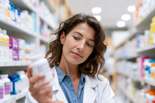 Woman in lab coat holds pill bottle in pharmacy. She smiles gently, looking thoughtfully at the container. Shelves of medications stretch behind her, blurred softly