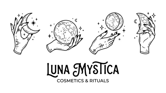Mystic celestial linear logo set featuring elegant magic hands cradling lunar moon phases in a minimalist line art style for spiritual branding and occult graphic design templates.