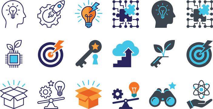 Business innovation start up tech development creativity brain storming strategy puzzle marketing key target solution icon vector set