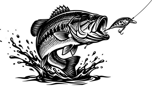 Detailed vintage sketch vector illustration of a largemouth bass fish jumping dynamically out of water splashes to catch a fishing lure bait isolated on white background