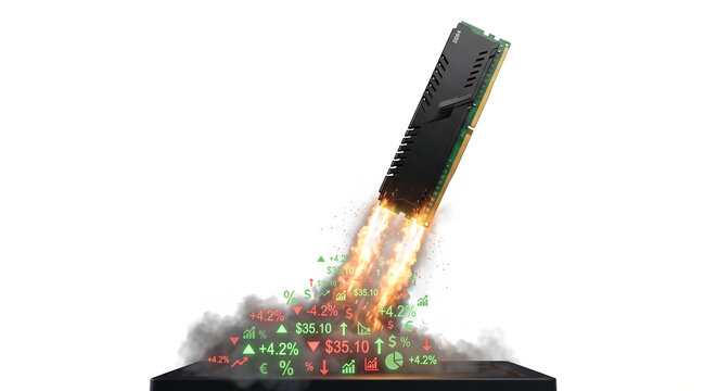 RAM memory module launching upwards with flames and financial stock market data showing price increases on a white background representing rising RAM prices