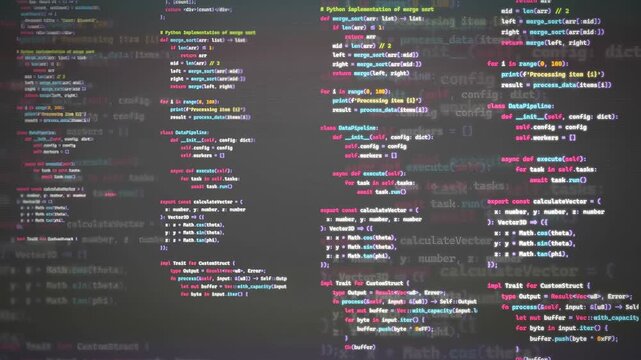 Digital screen displaying scrolling lines of computer code for software development and programming concept