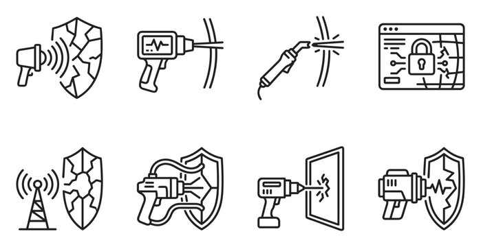 Security and protection concepts including drills welding and data encryption symbols.