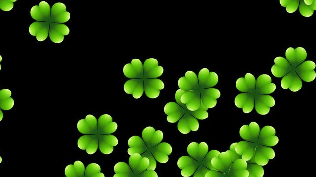 Green Four Leaf Clovers Floating and Drifting Across a Black Background