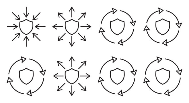 Shield icons with arrows indicating incoming threats and outgoing protection.