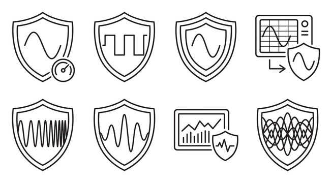 Shield icons with wavy lines and oscilloscopes showing data analysis.