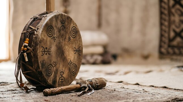 Traditional shamanic frame drum and mallet in a rustic setting