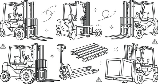 Warehouse forklift truck vector line art icon set featuring pallet jack wooden crate shipping logistics and heavy machinery