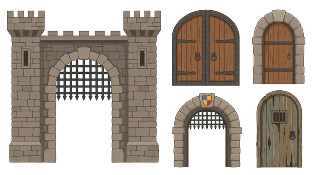 Collection of ancient medieval castle gates and arched wooden doors featuring wrought iron hinges and stone masonry textures isolated on a clean white background for design architecture.