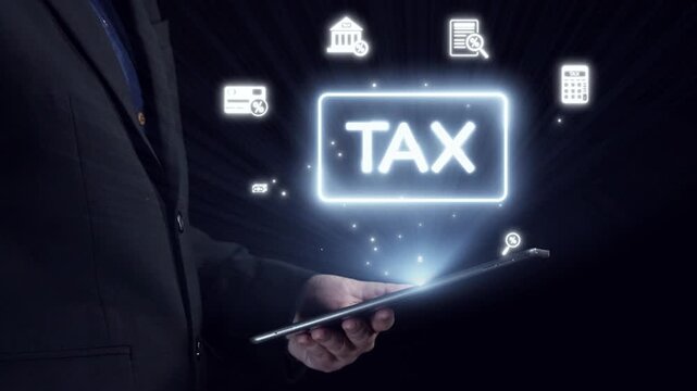 Explore a modern representation of tax preparation featuring a hand holding a tablet with glowing icons, symbolizing the intersection of finance and technology. Qubit