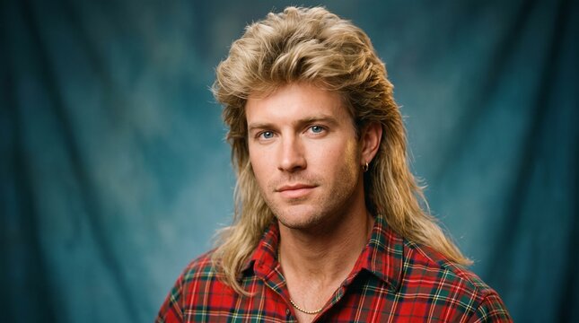 A retro 1980s studio portrait photograph of a handsome man with a voluminous blonde mullet hairstyle, wearing a red plaid flannel shirt against a textured blue backdrop.