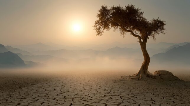 Solitary tree standing resiliently on dry cracked earth in a vast desert landscape with hazy mountains at sunrise