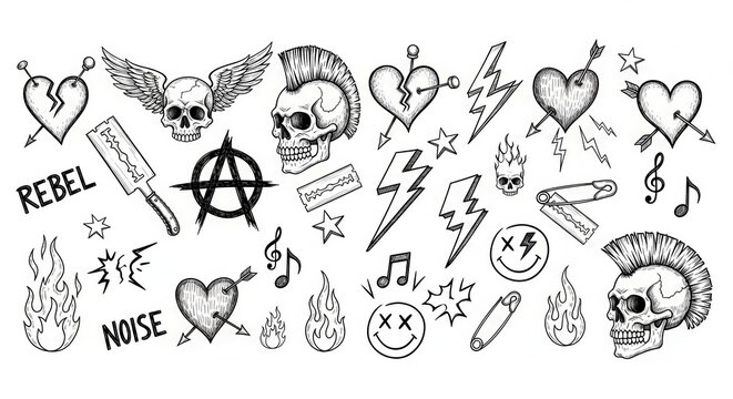 Hand-drawn Punk Rock Tattoo Flash Set with Skulls, Hearts, and Anarchy Symbols on White Background