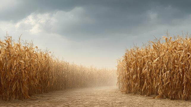 A narrow dirt path winds through a vast field of dry brown corn stalks under a dark cloudy sky