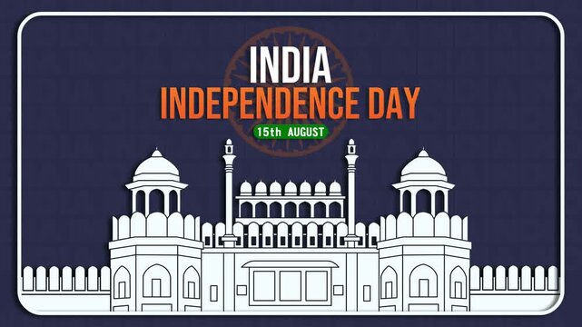 4K India Independence Day loop video in flat layered style, featuring a white Red Fort silhouette and spinning Ashoka Chakra with text over a dark teal landscape backdrop.
