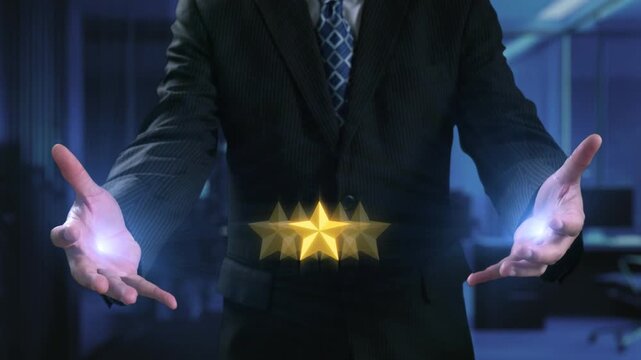 A business professional displays five golden stars with chat bubbles, symbolizing customer feedback and service quality. A modern office setting enhances this visual concept. Qubit