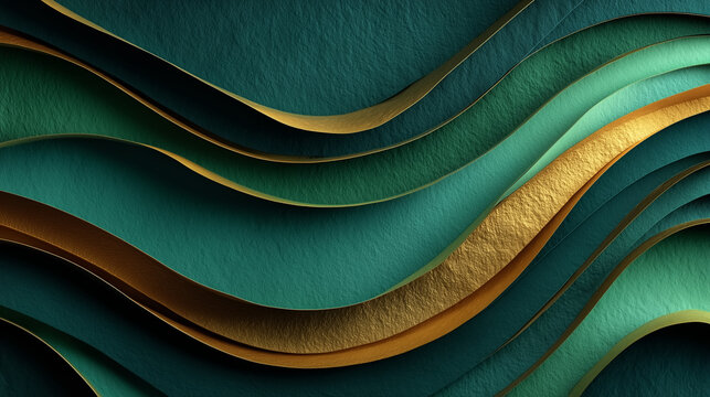 Luxury abstract background featuring layered emerald green and metallic gold flowing waves with premium embossed texture and elegant paper-cut style