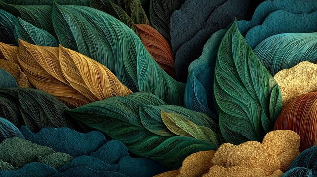Luxury botanical abstract background featuring layered tropical leaves in emerald green, teal, deep blue, bronze, and metallic gold with rich paper-cut textures and elegant handcrafted details