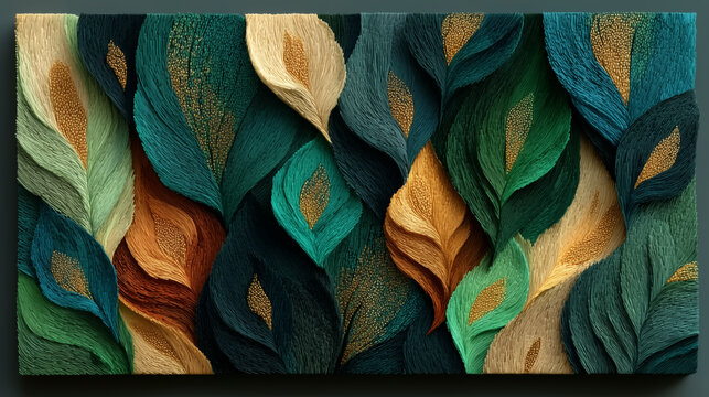 Luxury botanical abstract background featuring layered tropical leaves in emerald green, teal, deep blue, bronze, and metallic gold with rich paper-cut textures and elegant handcrafted details