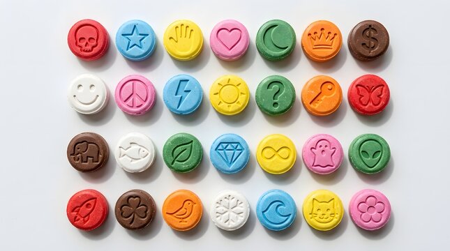 Colorful Ecstasy Pills with Various Symbols on White Background.