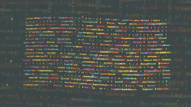 Digital screen displaying scrolling lines of computer programming code for software development concept