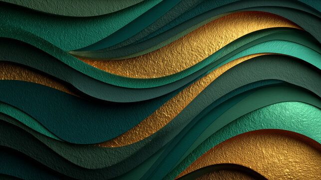 Luxury abstract background featuring layered emerald green and metallic gold flowing waves with premium embossed texture and elegant paper-cut style