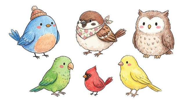 Charming collection of hand drawn cute cartoon bird character set featuring owl parrot penguin and sparrow isolated on white background flat vector illustration for creative child design