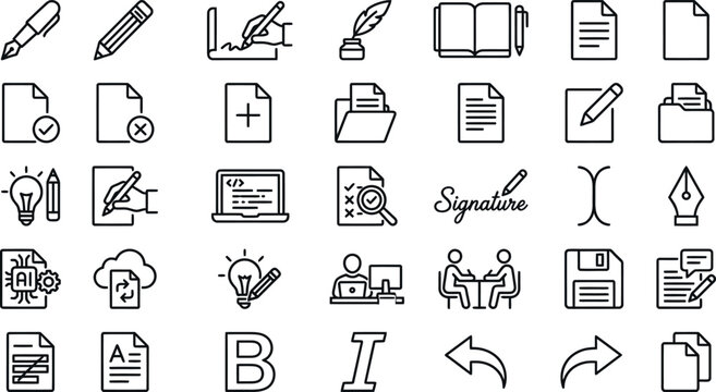 Comprehensive line icon set for writing editing and document management vector graphics