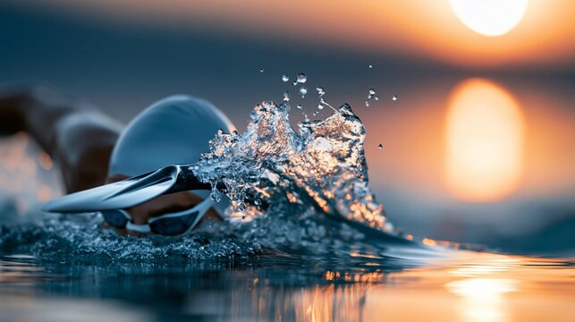 A competitive swimmer gliding through water at sunset.