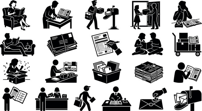 Set of icons representing postal services, mail delivery, reading, and office work