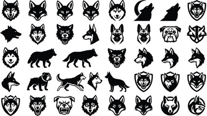 Canine predator silhouettes and wolf packs for sports team mascots and shield emblem logo templates © Fensi