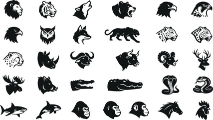 Black and white collection of wild predators and farm animals silhouettes for branding sport teams © Fensi
