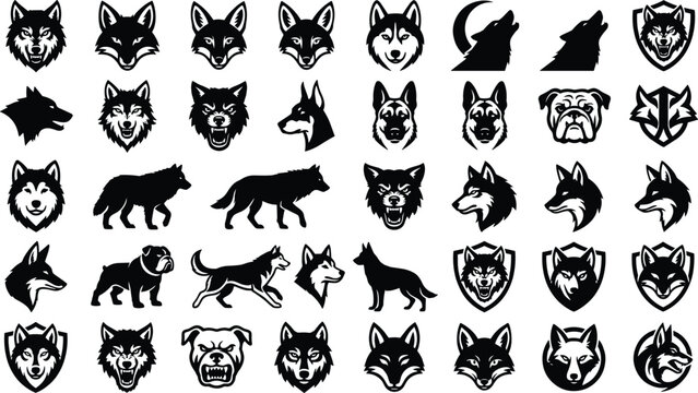 Canine predator silhouettes and wolf packs for sports team mascots and shield emblem logo templates