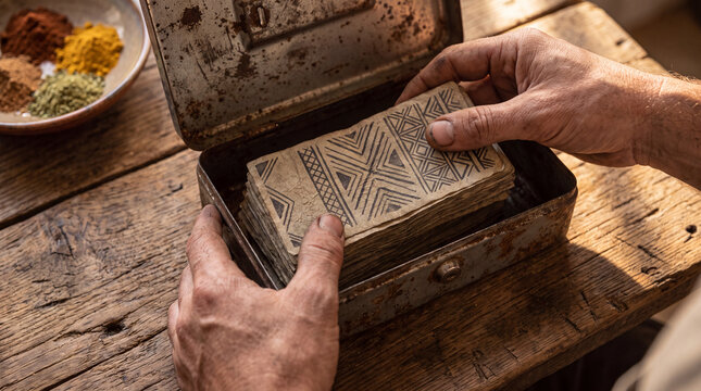High-angle close-up of a merchant calloused hands organizing a thick stack of fictional regional currency bills inside an old rusted metal cash box, concept of micro-savings, financial inclusion and l